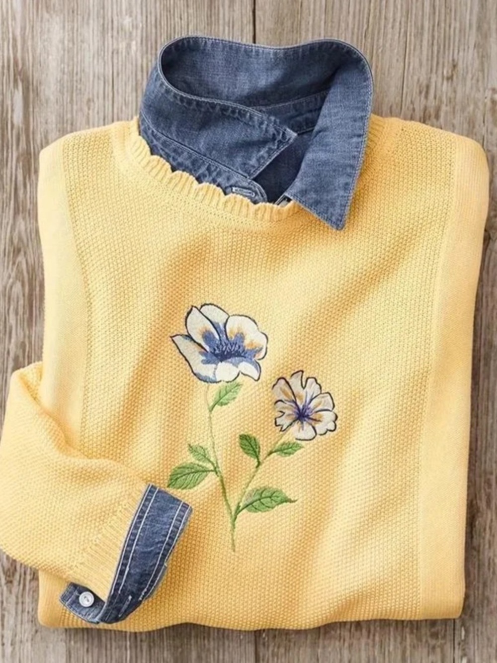 Unbranded yellow embroidered pansy print waffle knit sweater 1 X